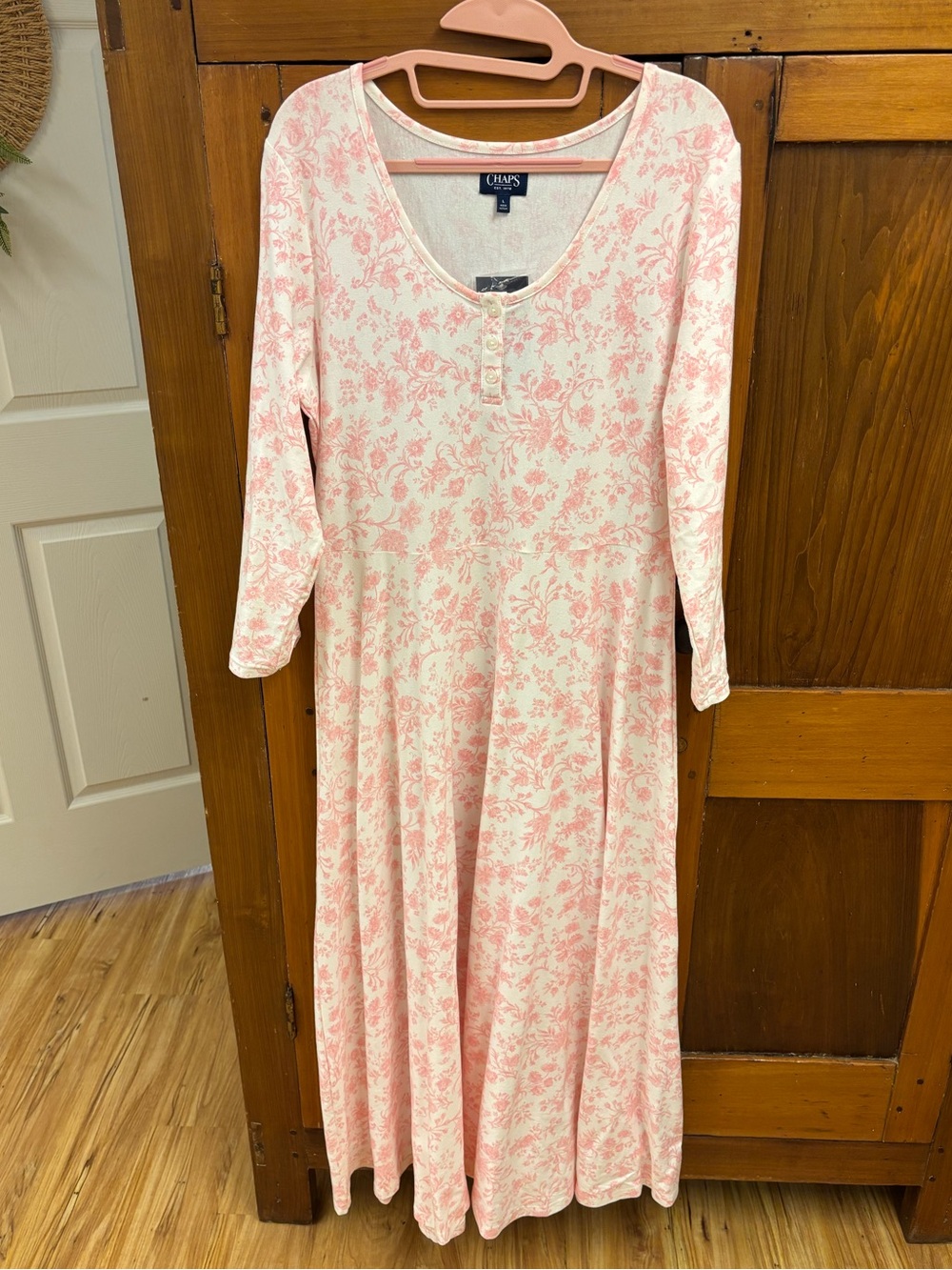 NWT Chaps Pink Toile Floral Maxi Dress Large Cottagecore Stretch Cotton